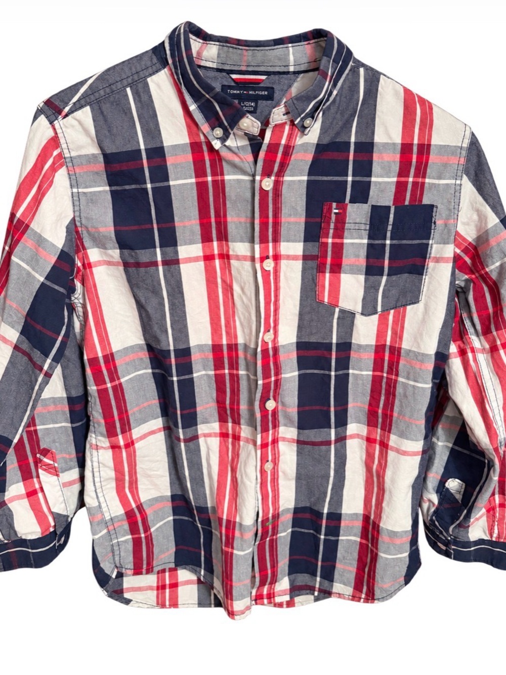 Tommy Hilfiger Boys L 14/16 Red Navy White Plaid Long Sleeve Button Down Shirt